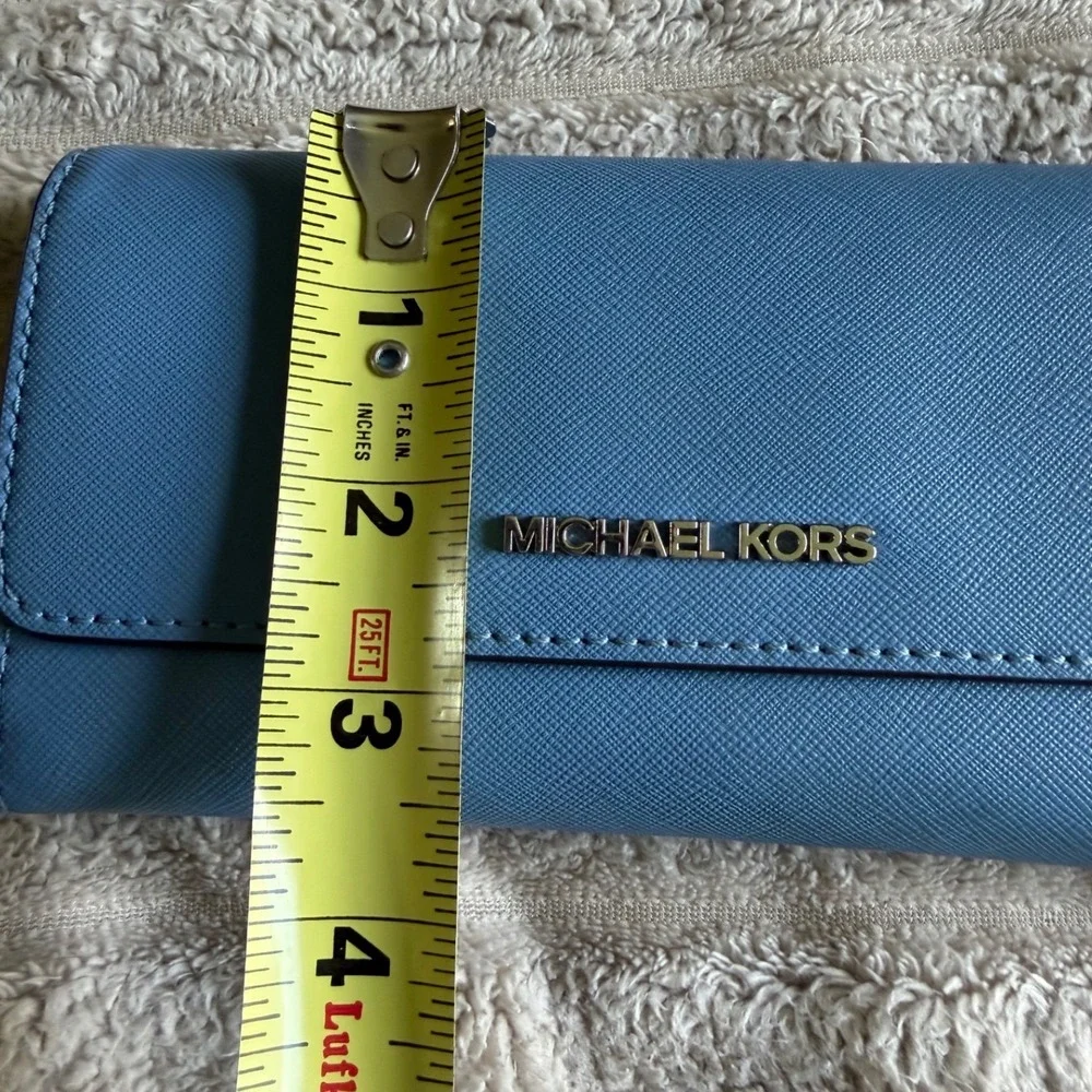 Michael Kors Blue Saffiano Leather Trifold Wallet‎ Silver Hardware